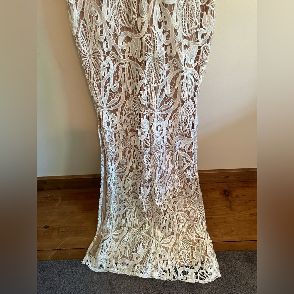 White Crochet Lace Mermaid Maxi Dress Large Boho Wedding Bridal Beach Gown - Picture 13 of 15